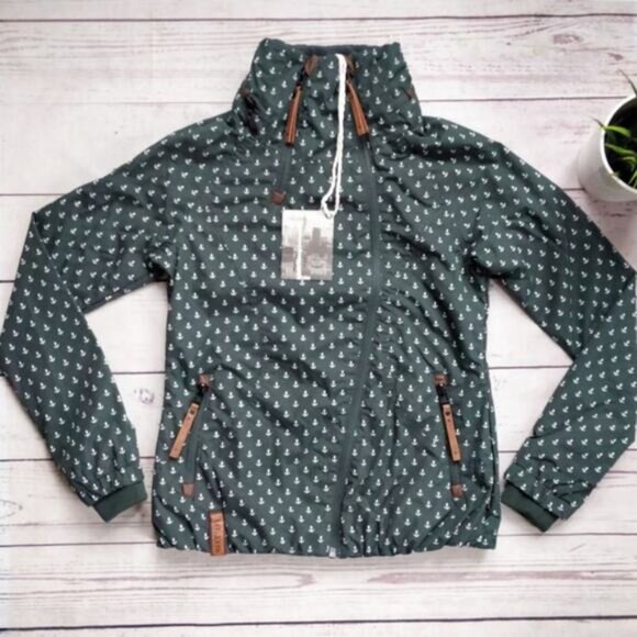 NWT NAKETANO Anchor Print Dark Green High Collar Zip Up Fall Jacket S - Picture 2 of 8